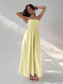 Aloruh Women's Solid Color Frill Trim Maxi Spaghetti Strap Dress, Vacation Style - Light Yellow - View 4