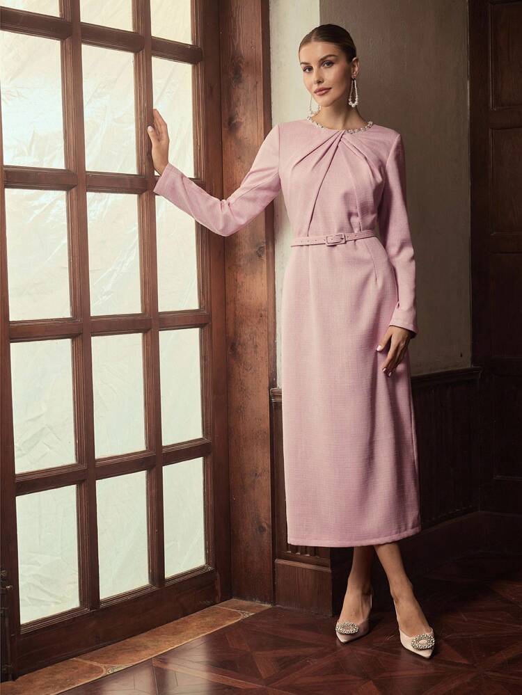 ZEYLAH Elegant Long Sleeve Dress With Pearl & Chain Embellishment