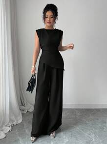 Selianne 2件套女士纯色褶皱圆领无袖上衣和连衣裙套装，适合大学穿着 - 黑色 - 查看 6