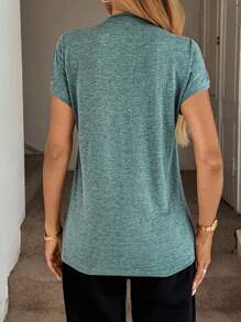 SHEIN LUNE Solid V Neck Batwing Sleeve Tee - Army Green - View 2