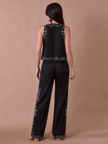 Enchnt 夏季浪漫女士黑色休闲花卉刺绣长裤，适合度假，甜美优雅，适合度假、约会、节日、派对、毕业典礼、婚礼嘉宾和海滩，夏装，优雅的派对连衣裙，波西米亚风格服装 - 黑色 - 查看 6