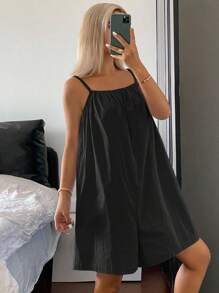 DAZY 简约纯色露背宽松阔腿短款女式连体裤家居服睡衣 - 黑色 - 查看 5