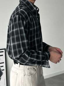 DAZY 男士格子纽扣长袖衬衫，适合春秋季 - 黑色 - 查看 6