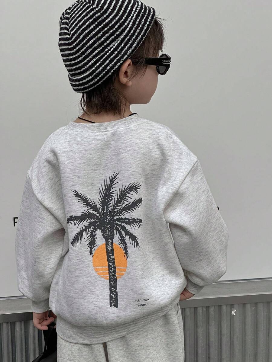 DAZY 儿童秋季服装，男童抓绒卫衣，背面印花图案，宽松休闲街头风，秋季假期穿着 - 灰色 - 查看 1