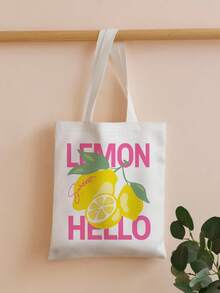 ROMWE Fairycore Reusable Lemon Print Canvas Tote Bag, With Graphic Pattern Shoulder Bag, Suitable For Shopping, Sporty, Preppy, Color Block, Letter Print - Black - View 3
