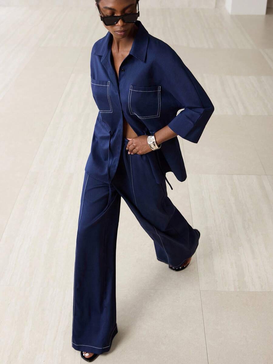 Aveloria Modichic 女士夏季两件套休闲宽松收腰设计 V 领 3/4 袖上衣搭配长裤套装 - 藏蓝色 - 查看 1