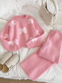 SHEIN Vintaside Kids 时尚百搭休闲可爱粉色少女圆领毛衣和直筒裤套装 - 粉色 - 查看 4