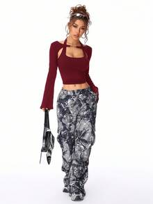 SHEIN EZwear 女士秋冬Y2K罗纹针织二合一喇叭长袖上衣镂空长袖露脐上衣，红色上衣 - 酒紅色 - 查看 4