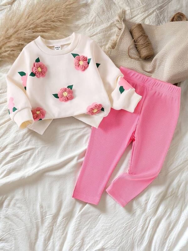 SHEIN Vintaside Kids Baby Girl 3D Floral Print Sweatshirt And Knitted Leggings Set, Casual & Cute Outfit For Baby Girls, Autumn
