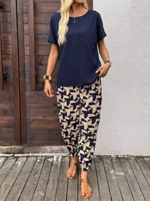 EMERY ROSE 休闲女式两件套服装，搭配随机印花裤和蓝色梭织 T 恤，两件套女式上衣和裤子套装，女式两件套裤子套装，女式衬衫和裤子套装，两件套休闲套装女式 - 藍色 - 查看 7