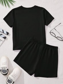 SHEIN Leap Crew 青少年女孩休闲简约短袖和短裤两件套，适合夏季 - 黑色 - 查看 4