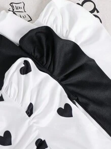 SHEIN 3 件装少女百搭立领泡泡袖心形印花修身长袖 T 恤，休闲百搭，适合秋冬 - 彩色 - 查看 4