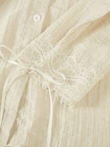 SHEIN Clasi 女士优雅撞色蕾丝长袖单排扣衬衫 - 黃色 - 查看 6