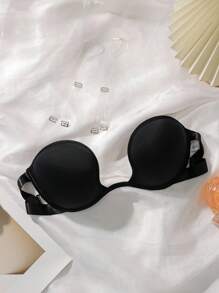 SHEIN Knitted Fabric Sticky Push Up Bra With Invisible Straps For Casual Outfits - Black - View 3