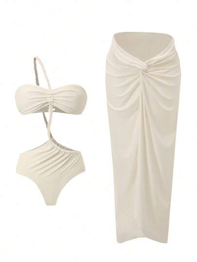Swim Oasis Maiô Sexy com Design Grécia, Modelo Vazado, com Saída de Praia e Mini Saia, Conjunto de 2 Peças para Mulheres