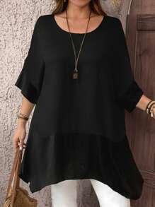 EMERY ROSE 大码女式乡村休闲圆领短袖宽松不对称下摆侧开衩拼接黑色衬衫，适合夏季假期、度假女性穿着，简约时尚，日常百搭，营造度假氛围，春假休闲，秋季穿着。 - 黑色 - 查看 1