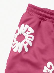 Manfinity EMRG 男士字母印花抽绳腰口袋休闲宽松短裤 - 玫紅色 - 查看 4