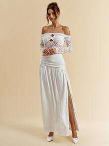 SHEIN BAE Women's White Long Sleeve One Shoulder Lace Patchwork Knit Top With High Split Dress - White - View 4