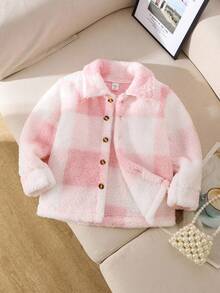 女童休闲蓬松开衫，可爱粉色格子，长袖，秋冬季舒适之选 - 粉色 - 查看 3