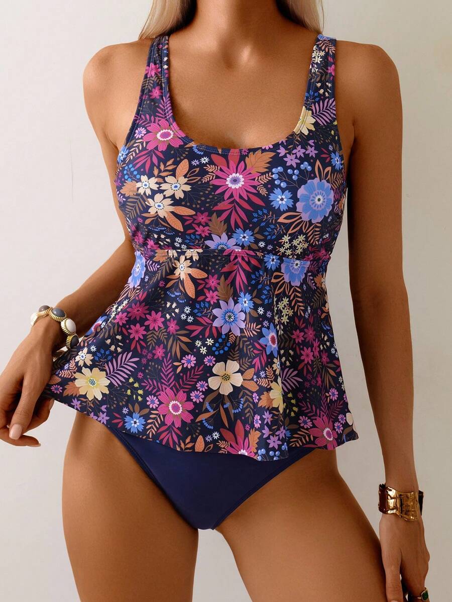 Swim Lushoire Women's Summer Floral All-Over Print Thick Strap Tank Top And Bikini Set, Beach Outfit - Multicolor - View 1