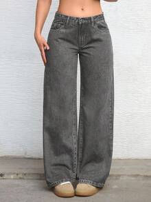 Jeanoix Quần Jeans Ống Thẳng Cài Nút Thời Trang Cỡ Lớn Y2K - Màu Xám nhạt - Xem 1