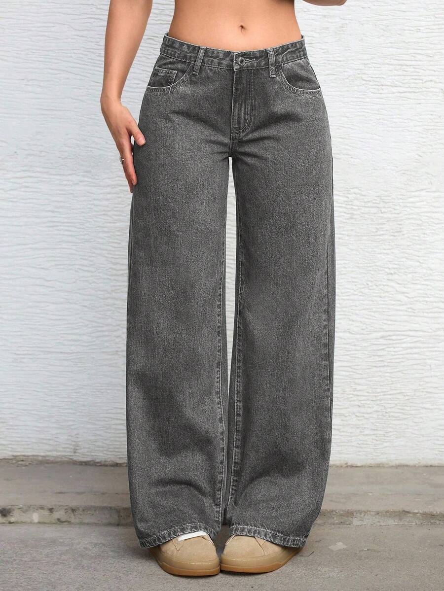 Jeanoix Quần Jeans Ống Thẳng Cài Nút Thời Trang Cỡ Lớn Y2K - Màu Xám nhạt - Xem 1