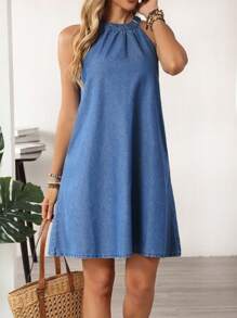EMERY ROSE 女式度假休闲挂脖牛仔连衣裙 - 藍色 - 查看 3