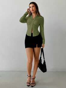 Aloruh Women's Office Commute Daily Wear Pointed Hem Ruched Bust Stand Collar Single-Breasted Front Opening Fitted Long Sleeve Blouse, Autumn/Winter - Army Green - View 5