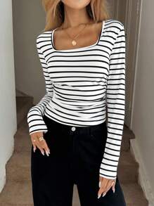 Easowa Spring/Summer Crew Neck Gathered Waist Stripe Print Casual Sports Fitted T-Shirt - Black and White - View 5