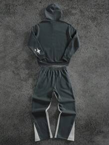 PAVTROS 时尚男士字母印花连帽衫和裤子套装，采用柔软针织面料，男士两件套，男士连帽衫套装，男士街头服饰套装，男士慢跑裤套装