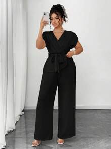 Elenzga 大码夏季优雅纯色衬衫和裤子两件套 - 黑色 - 查看 1