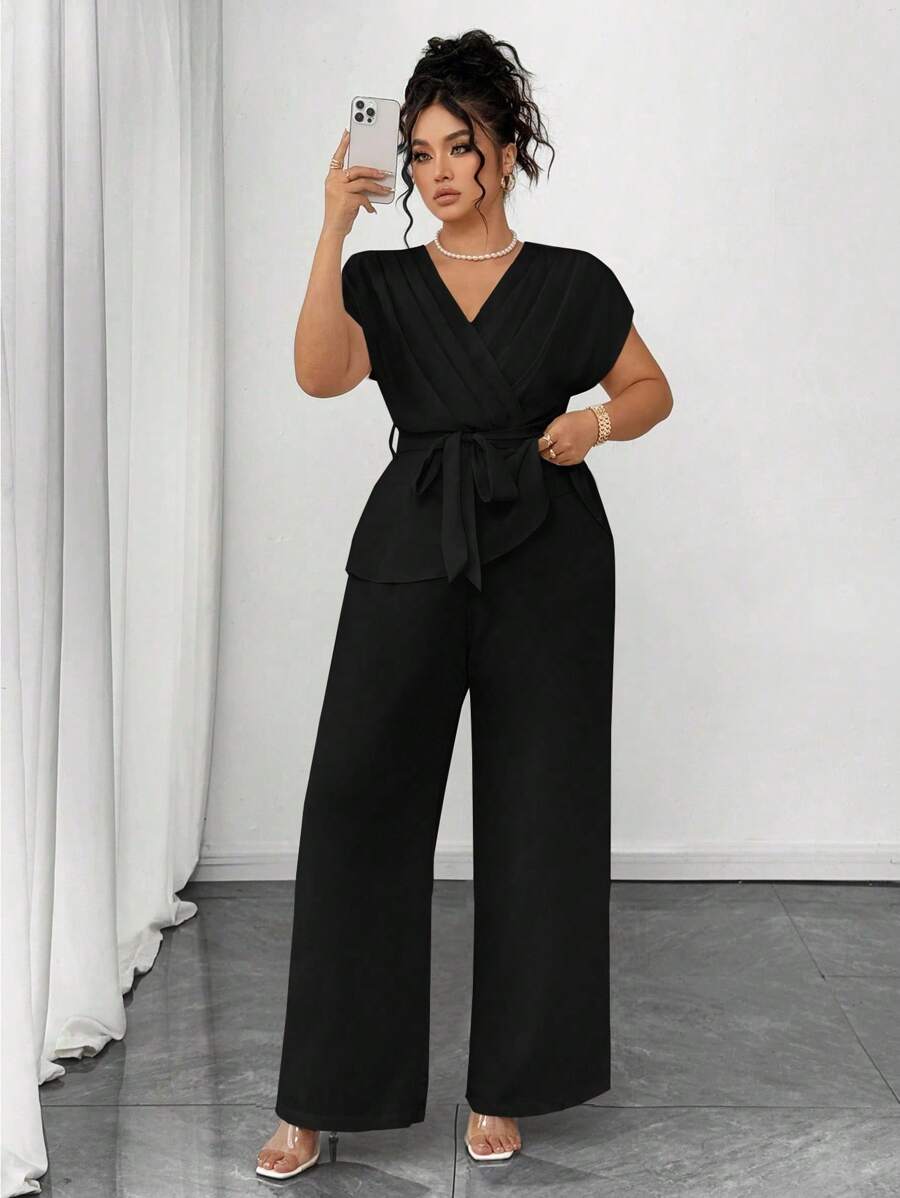 Elenzga 大码夏季优雅纯色衬衫和裤子两件套 - 黑色 - 查看 1