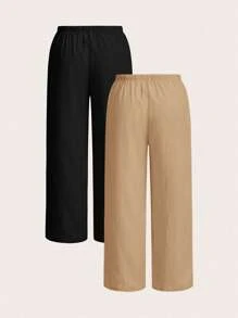 SHEIN EZwear 2件套加大码女式米色和黑色裤子套装 - 卡其色 - 查看 2