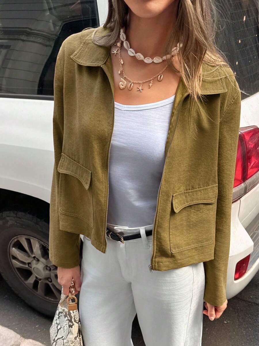 Siren Gaze 女士休闲翻领设计宽松修身拉链工装夹克，棕色老款长袖宽松夹克外套通勤休闲郊游老款返校教师冬季秋季 - 棕色 - 查看 1