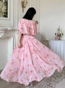 Modelyn Women's V-Neck Cape Design Floral Print Chiffon Waist Flared Dress - Pink - View 5