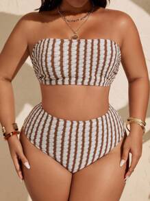 SHEIN Swim Curve Plus Size Women Minimalist Daily Summer Striped Bikini Set - Multicolor - View 5