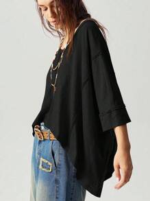 Bohemela Áo thun dệt kim cổ chữ V rộng rãi, giặt sạch cỡ lớn - màu đen - Xem 1