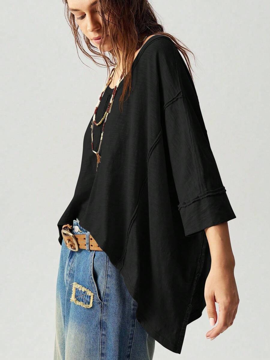 Bohemela Áo thun dệt kim cổ chữ V rộng rãi, giặt sạch cỡ lớn - màu đen - Xem 1