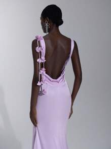 Elitara Vestido de Gala Formal Elegante com Lavanda Brilhante em Cetim Acetinado, Decote em V, Costura Manual com Flores 3D no Ombro, Franjas e Cauda de Sereia, Adequado para Encontros, Férias, Casamentos, Formaturas, Eventos Formais e Gala