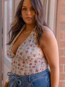 Aralina 曲线夏季度假露背纹理碎花蕾丝可爱上衣 - 紅白色 - 查看 4