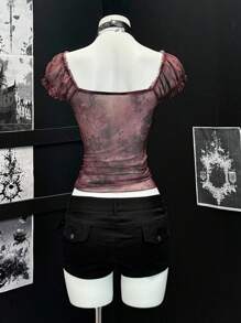 EgrlEra Vintage Puff Sleeve Crew Neck Ribbon & Mesh Patchwork Bodycon Women T-Shirt - Rust Brown - View 2