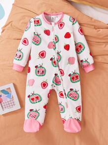 CoComelon X SHEIN 女婴西瓜印花可爱连脚连体睡衣 - 紅白色 - 查看 1