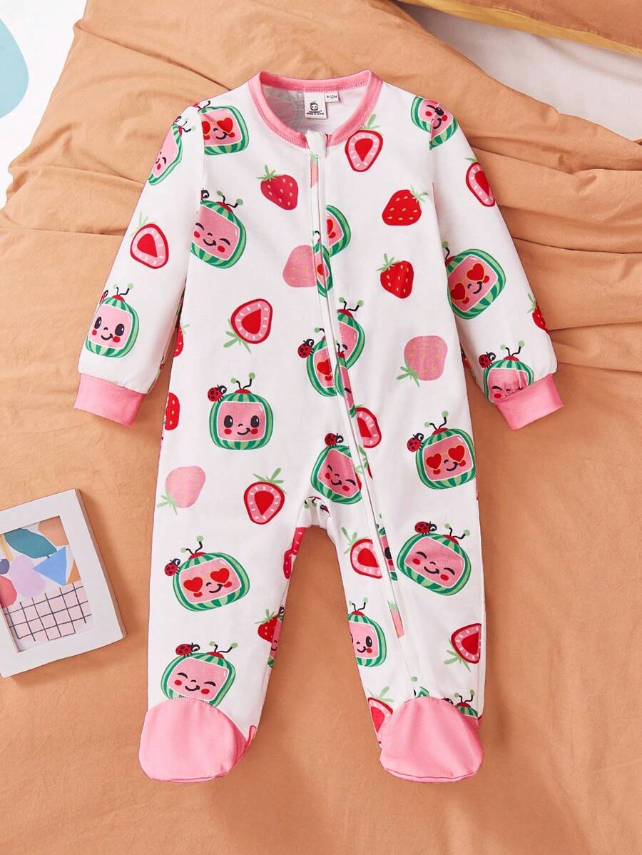 CoComelon X SHEIN 女婴西瓜印花可爱连脚连体睡衣 - 紅白色 - 查看 1