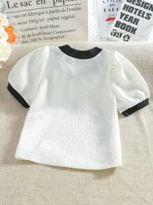 Girls Casual Loose V-Neck Textured Ruched Fabric Bowknot Decor Shirt - White - View 2