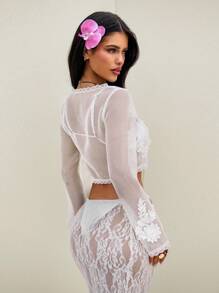 Bonvoyette 女式夏季性感海滩度假前结花卉贴花透明网眼罩衫和服