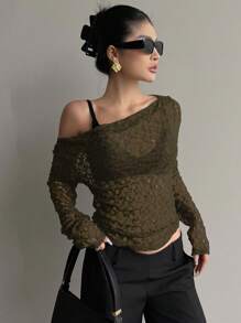 DAZY Blusa corta ajustada de hombros oblicuos de encaje transparente para mujer, color blanco, para primavera/verano de manga larga, ropa de mujer para otoño