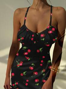 Aloruh 女士休闲优雅高开衩至大腿褶饰长款吊带裙，适合夏季日常穿着，樱桃印花