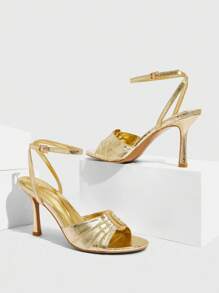 CUCCOO SZL 女士金色金属 PU 绑带踝带时尚性感方头夏季约会派对金属优雅圆头高跟凉鞋