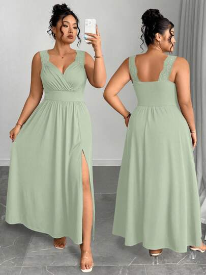 Elenzga 大码 V 领蕾丝拼接肩带 A 字开衩连衣裙，修身版型