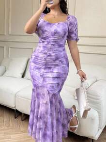 SHEIN Clasi Váy xòe họa tiết hoa thanh lịch mùa hè cỡ lớn cho nữ - Màu tím - Xem 2